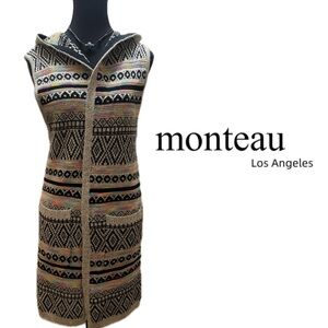 Anthropologie Monteau L.A. Intarsia Rainbow Hooded Sleeveless Long Cardi Sweater